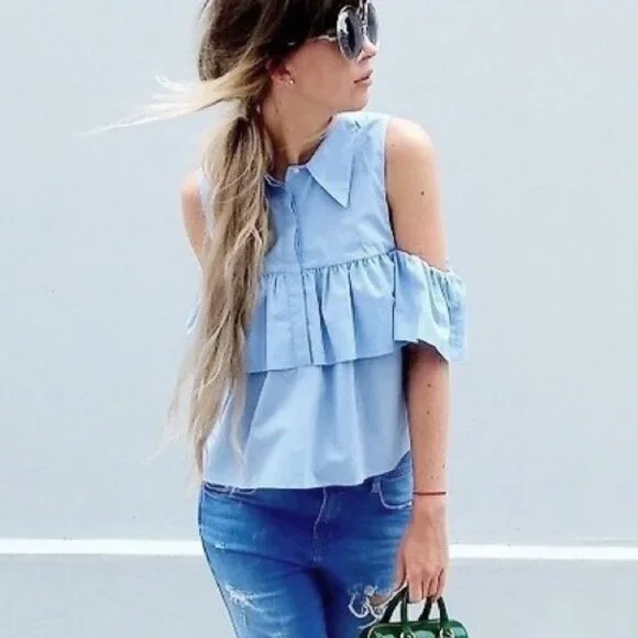 Zara blue ruffle button up off the shoulder top Size Small women's - Picture 3 of 12